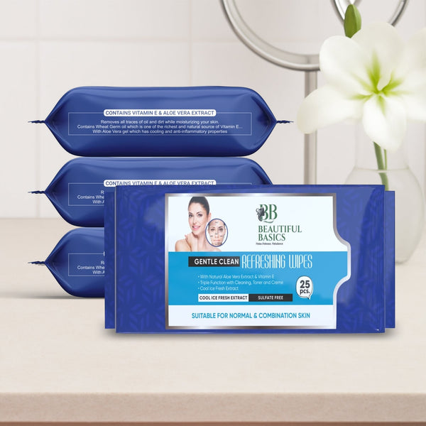 Packaging of Beautiful Basics Gentle Clean Refreshing Wipes on a neutral background with flowers.