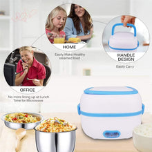 Electric lunch box with features highlighted for home, office, and carrying convenience.