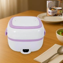 White and purple electric lunch box on a wooden table with a small inset showing food inside.
