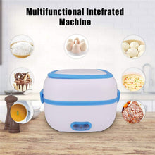 Multifunctional integrated machine on a wooden surface with images of food items around it.