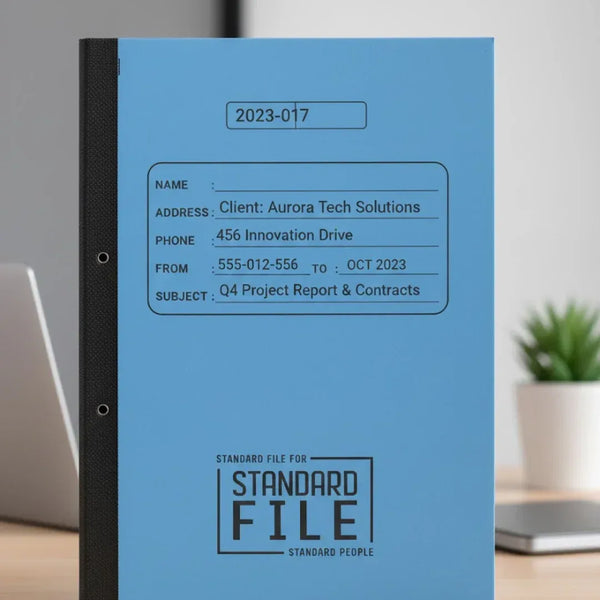 Blue file folder with text and branding on a neutral background