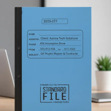 Blue file folder with text and branding on a neutral background