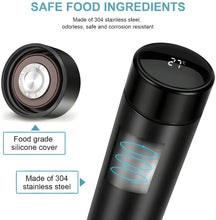Black thermos with digital temperature display, safe food ingredients text, and stainless steel details.