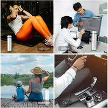 Collage of four scenes labeled 'motion', 'office', 'outdoor', and 'car' with a silver tumbler.