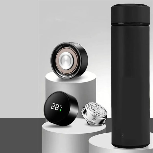 Black thermos bottle with digital temperature display on a gray background