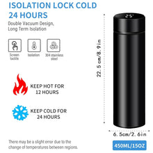Black insulated bottle with temperature display, features, and dimensions on a white background
