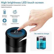 Digital temperature display with a hand touching the screen and text highlighting features.
