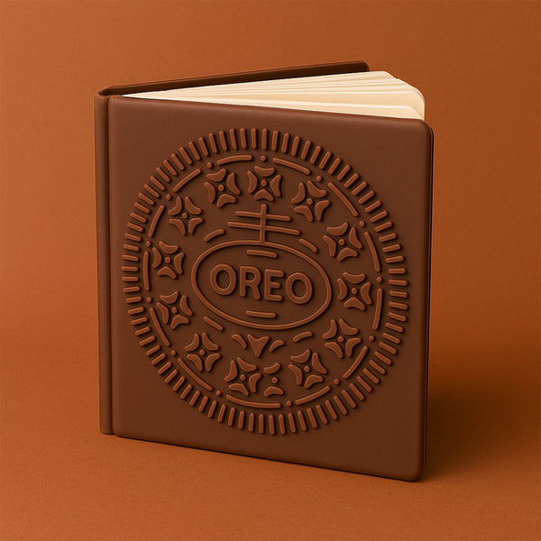 Brown notebook with Oreo cookie design on an orange background