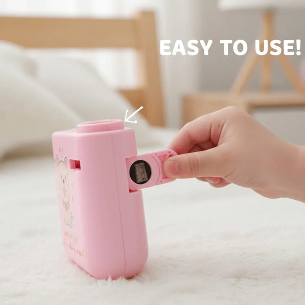 Pink handheld device with cartoon character on a white surface, labeled 'EASY TO USE!'.