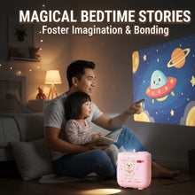 Man and child sitting on a bed with a screen displaying space-themed content, illuminated by a pink lamp.