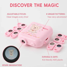 Pink toy camera with features highlighted on a white background
