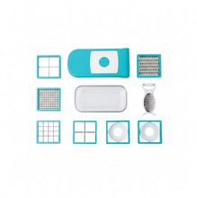 Collection of kitchen tools including a blue and white tool, grater, and other accessories on a white background.