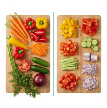 Two wooden cutting boards with vegetables on a white background