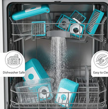 Dishwasher with turquoise cleaning tools being washed
