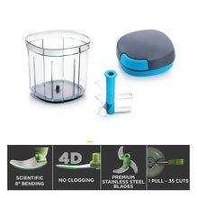Set of kitchen tools including a clear container, blue and gray tool