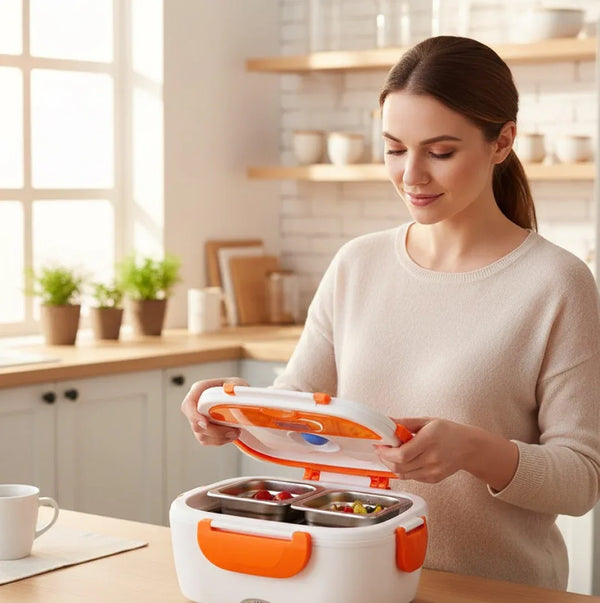 Woman in a kitchen holding an orange and white appliance