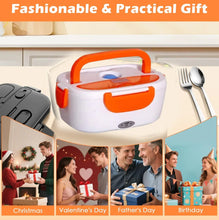 Electric lunch box with orange accents on a beige background, surrounded by gift-giving scenarios for holidays.