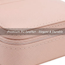 Close-up of pink jewelry box with 'Premium PU Leather - Elegant & Durable' text.
