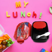 Lunchbox with American flag design on a pink background with colorful letters spelling 'MY LUNCH!'.