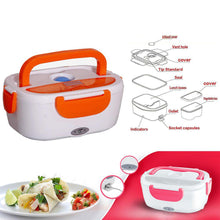 Electric lunch box with orange handle, diagram of parts, and a plate of food.