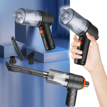 Handheld vacuum cleaner with attachments on a blue background
