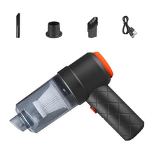 Black handheld vacuum cleaner with attachments on a white background