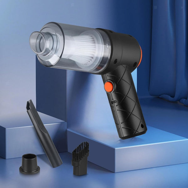 Black handheld vacuum cleaner with attachments on a blue geometric background