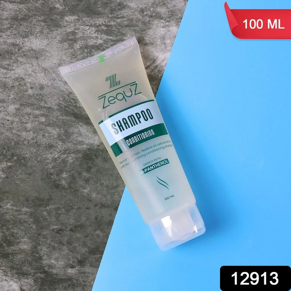 Zequz shampoo tube on a blue and gray background