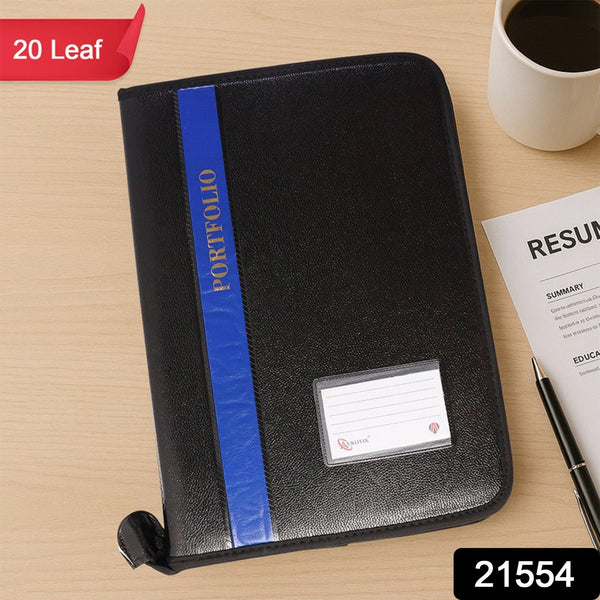 Black portfolio with blue strip on a desk with a resume and coffee cup