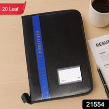 Black portfolio with blue strip on a desk with a resume and coffee cup