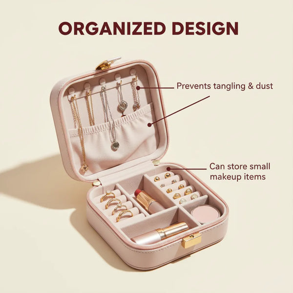 Pink jewelry and makeup organizer with labeled features on a beige background