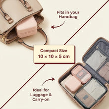 Compact travel organizer with compartments, showing how it fits in a handbag and is ideal for luggage.