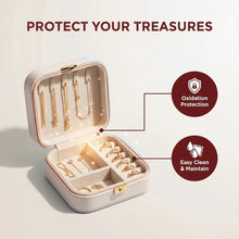 Jewelry case with gold jewelry and text 'Protect Your Treasures' on a beige background