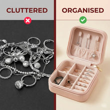 Comparison of cluttered jewelry on a dark surface versus organized jewelry in a pink case.