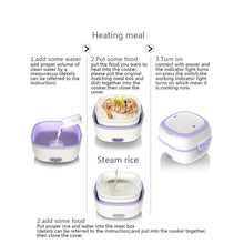Instructions for using a portable food heater with images of the device and meals.