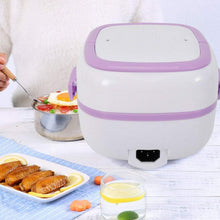 Small white appliance with purple accents on a table with food items