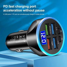 Car charger with multiple USB ports and a digital display on a blue background