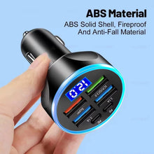 Car charger with multiple ports and a digital display held by a hand against a light blue background.