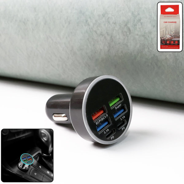 Car charger with multiple USB ports on a white surface, with a close-up inset showing the product in use.