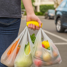 Person holding three reusable grocery bags filled with fresh produce on a street.