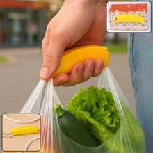 Hand using a yellow plastic bag sealer to close a bag with vegetables outdoors.