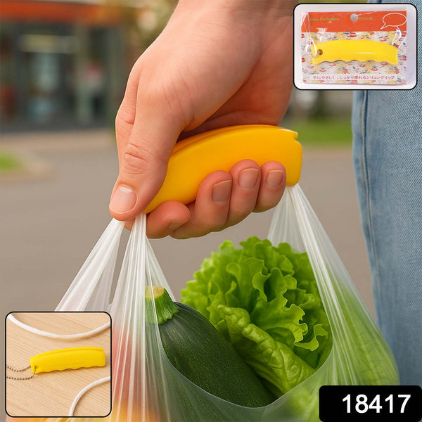 Hand using a yellow plastic bag sealer to close a bag with vegetables outdoors.