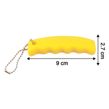 Yellow object with a chain, shown with measurements on a white background