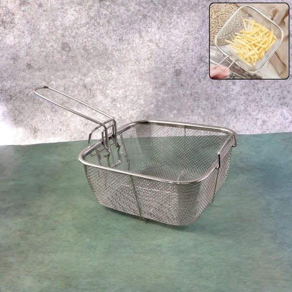 Metal mesh fryer basket on a green surface with an inset showing fried food.