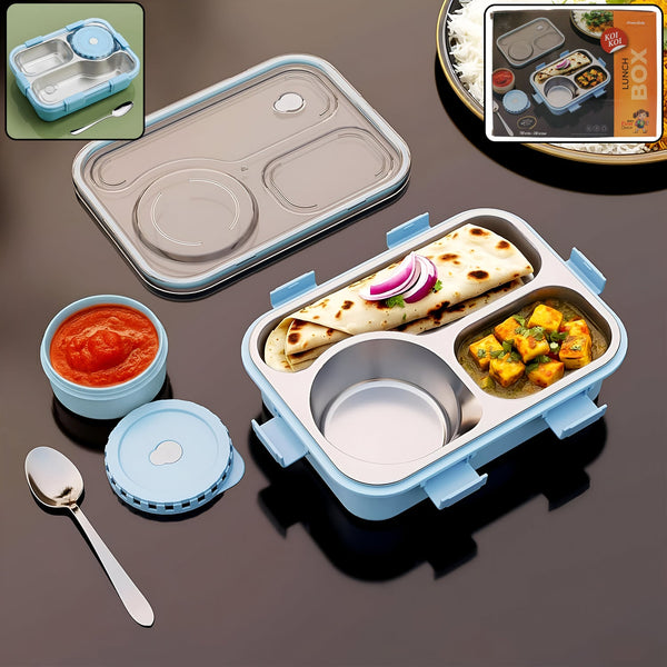 Blue and gray bento box with compartments containing food on a dark surface.
