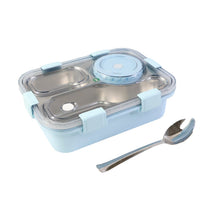 Blue and silver food container with a spoon on a white background