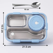 Stainless steel bento box with blue accents and spoon, showing dimensions