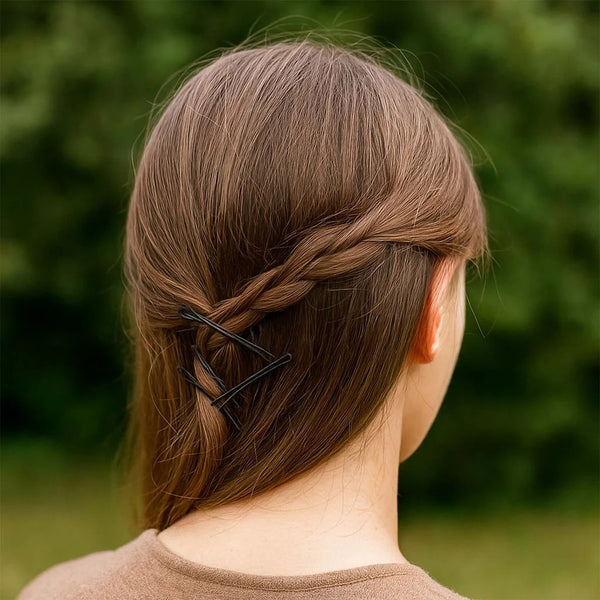 Person with braided hair wearing a black clip outdoors