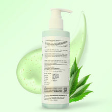 Bottle of skincare product with green background and cannabis leaf