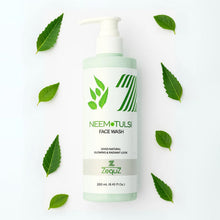 Neem Tulsi face wash bottle with leaves on a white background